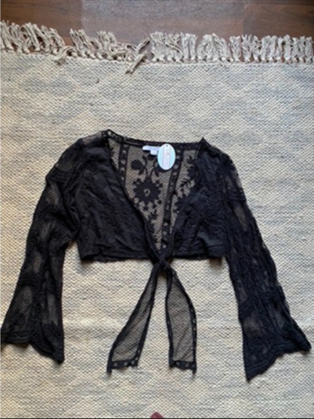 FAVLUX Black Lace Tie-Front Crop Top with Sheer Sleeves - Picture 2 of 5